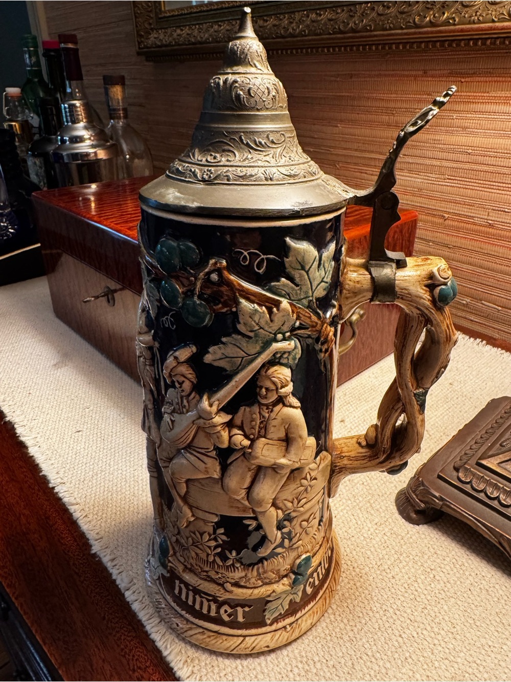 Hand-Painted Vintage German Ceramic Beer Stein with Pewter Lid